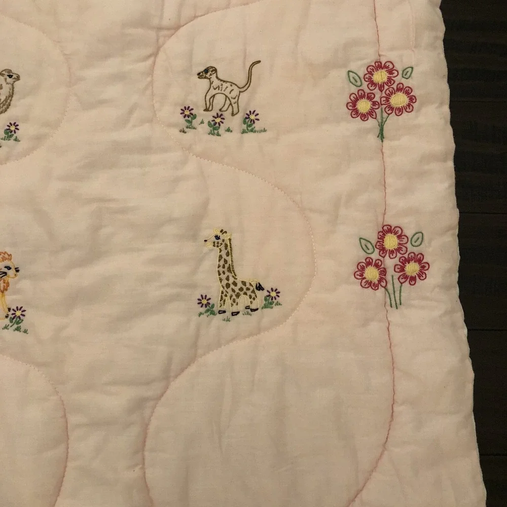 Hand Crochet Baby Blanket Comforter Gerber Animals Flowers Pink 30x40 Vintage